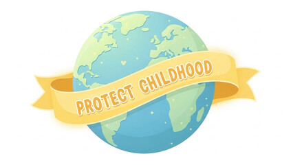 Fototapeta premium Cartoon globe wrapped with a ribbon labeled ‘Protect Childhood’, soft, friendly gradients.