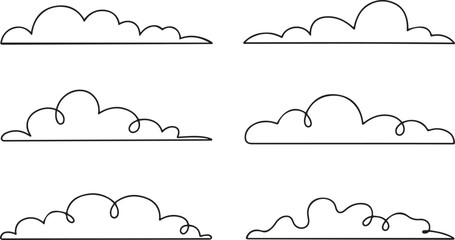 Continuous one line clouds. Minimalist linear fluffy cloud, simple nimbus and decorative sky themed overcast vector horizontal divider illustrations sets. one line Icon drawing