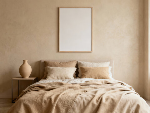 Quarto minimalista bege com cama desarrumada de linho, almofadas em tons neutros e grande moldura mockup vazia acima da cabeceira, luz suave e atmosfera aconchegante.
