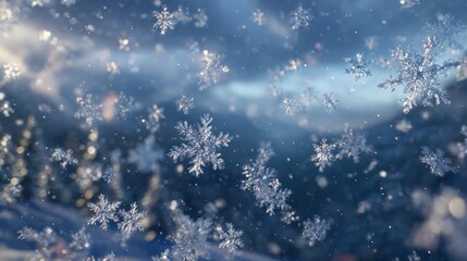 A whimsical scene of animated snowflakes dancing in the air,