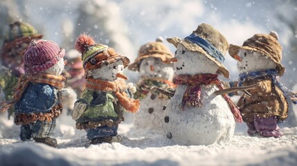 A whimsical scene of children making snowmen with colorful scarves and hats,