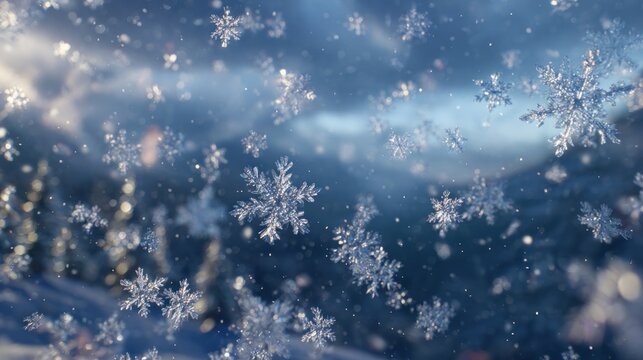 A whimsical scene of animated snowflakes dancing in the air,