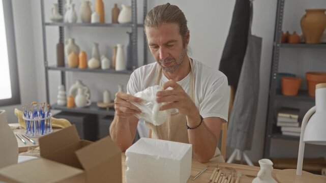 Man unwraps ceramic vase with bare hands on wooden table amid shelves of pottery in sunlit pottery studio; concentration.