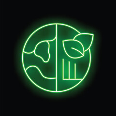 Neon green icon showing earth divided into industrial and natural areas, symbolizing environmental awareness