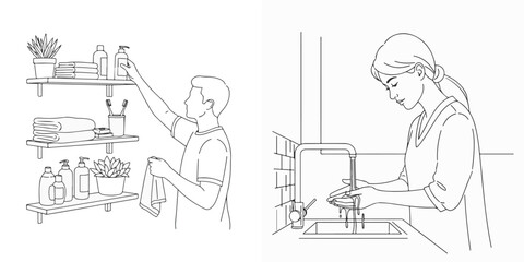 Simple Line Art Illustrations of Bathroom Organization and Hand Washing