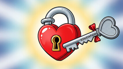 Cartoon heart-shaped lock with key labeled ‘Education’, shining glow around, awareness theme.