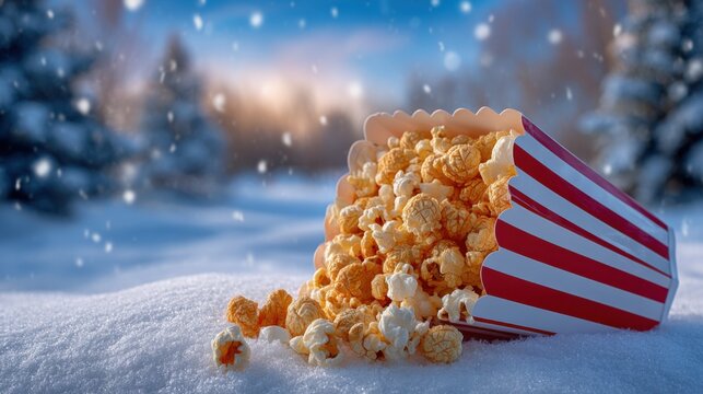Christmas caramel popcorn spilling from a striped box onto snowy ground, perfect for holiday advertising, festive promotions, winter food campaigns and seasonal branding