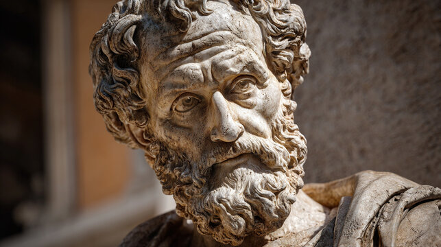 Close up of a weathered marble bust depicting a man with a beard and curly hair in daylight