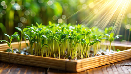 Fresh microgreens thrive in a wooden tray, soaking up sunlight in an indoor garden. These nutrient-packed herbs offer vibrant flavors and essential vitamins for healthy eating