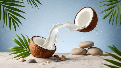 Coconut milk splashing on a sandy beach with palm leaves and smooth stones