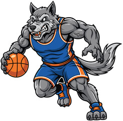Fototapeta premium Aggressive muscular wolf mascot cartoon dribbling basketball in blue and orange uniform for sports team logo design, fierce competitive animal character illustration.