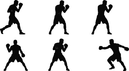 Boxing silhouettes of athlete in fighting stances, training, defense, offense, martial arts, fitness, sports, competition