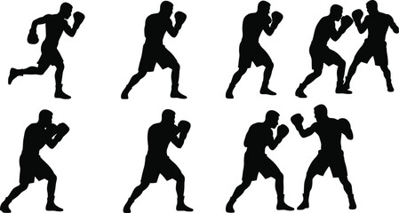 Boxing silhouettes of athletes in fighting stances, sparring, training, defense, offense, martial arts, fitness, competition