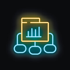 Neon style icon of a website page with a bar chart sharing data to users