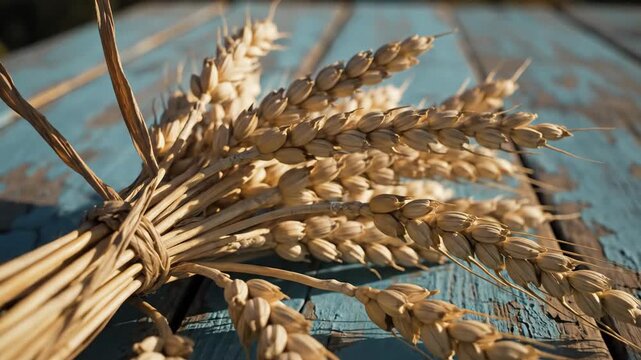 Golden wheat stalks tied together on distressed blue wood surface
