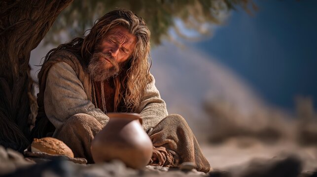 Elijah resting beneath the desert broom tree with an angel beside him in soft divine light.