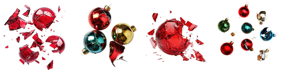 Shattered Christmas ornaments set, broken glass baubles isolated