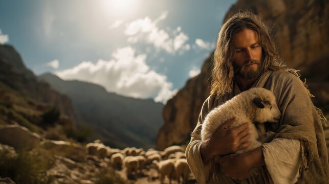 Jesus gently lifting a lost injured sheep.