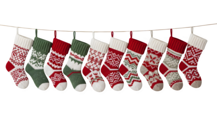 christmas socks hanging on a clothesline isolated on transparent background 