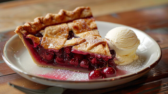 Delicious classic cherry pie slice topped with flaky lattice crust, vanilla ice cream, and powdered sugar on a rustic table.