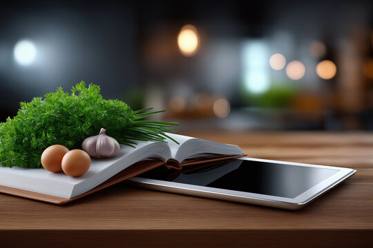 Fresh ingredients and a tablet on a kitchen counter at night - Powered by Adobe