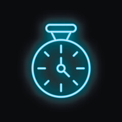 Blue neon clock glowing on a dark background representing the concept of time