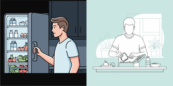 Flat Vector Illustration: Male Daily Food Routines and Meal Preparation