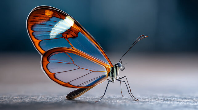 A close up shot of a glasswing butterfly with orange trim on a blurry blue background indoors