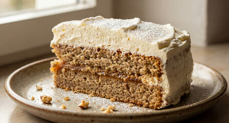 Delicious slice of hazelnut cake with creamy frosting and powdered sugar on a rustic plate by a window for a dessert concept and sweet treat
