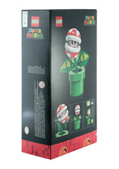 Obraz premium Pack of a Lego construction created in collaboration with Nintendo, featuring a buildable Piranha Plant figure from Super Mario video game, isolated on transparent background