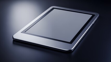 A silver tablet device on a dark reflective surface
