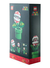 Obraz premium Pack of a Lego construction created in collaboration with Nintendo, featuring a buildable Piranha Plant figure from Super Mario video game, isolated on transparent background