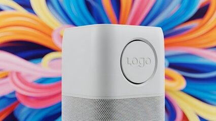 White speaker with logo against colorful backdrop