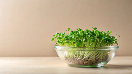 Microgreens thrive in a clear glass bowl on a wooden surface, displaying vibrant greens. These healthy herbs are rich in vitamins perfect for adding freshness to meals