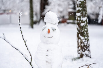 A happy-looking snowman with a carrot nose is sprinkled with falling snow. Constance, Baden Württemberg, Germany.