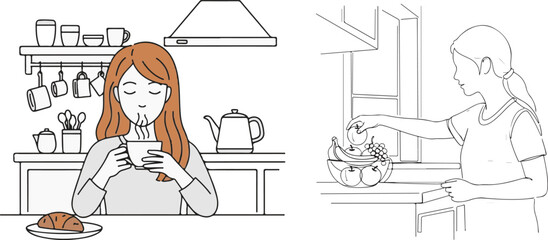 Simple Line Art Illustration of Women in Domestic Kitchen Setting
