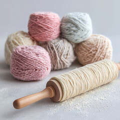 Colorful yarn balls arranged beside a rolling pin wrapped in soft wool, perfect for cozy craft, DIY, and knitting concepts.. High quality photo