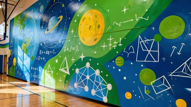 Medium shot capturing educational murals in a school gym with vibrant science and math illustrations