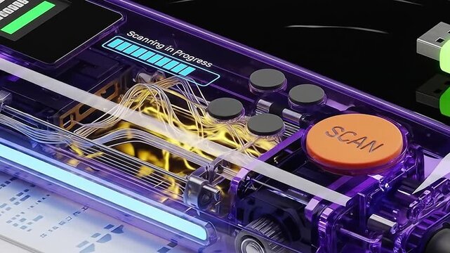 Retro Handheld Document Scanner Device Y2K Translucent Purple Design Showing Internal Components High Speed Scanning Progress Display