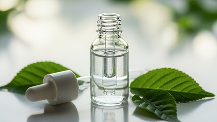 Clear serum bottle with dropper and green leaves