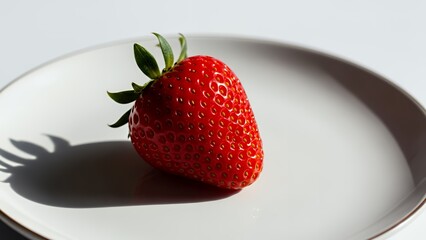 A single strawberry on a white plate in bright light
