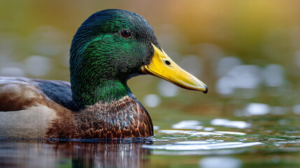 Obraz premium Close up of a mallard duck with green head swimming in water with blurred background outdoors during day