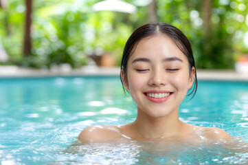 Asian woman in pool hotel,concept emotional wellness,hotel spa retreat,mind-body balance,hotel spa retreat,emotional wellness,advertising for wellness brands,emotional calm,mind-body balance,