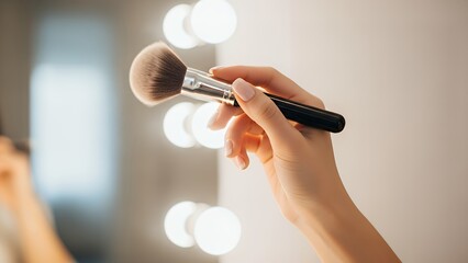 Hand holding makeup brush in front of lighted mirror