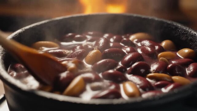 Close up of kidney beans cooking in a pot with a wooden spoon and flames in the background