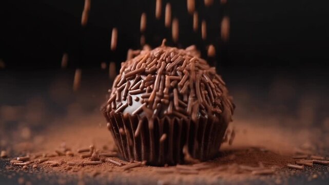 Chocolate brigadeiro truffle in a paper cup with sprinkles falling on it against a dark background scene close up