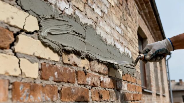 Professional tuckpointing process capturing hand tools smoothing mortar into cracking brickwork enhancing building facade durability.