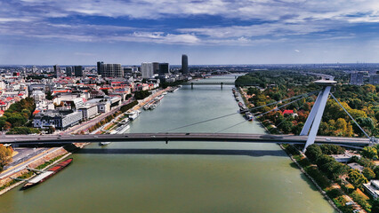 Panoramic Aerial View of Bratislava UFO Bridge and Danube River Cityscape