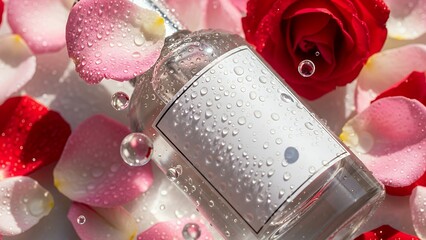 Perfume bottle with roses and petals close up view