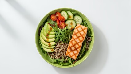 Salmon salad with avocado and quinoa top view